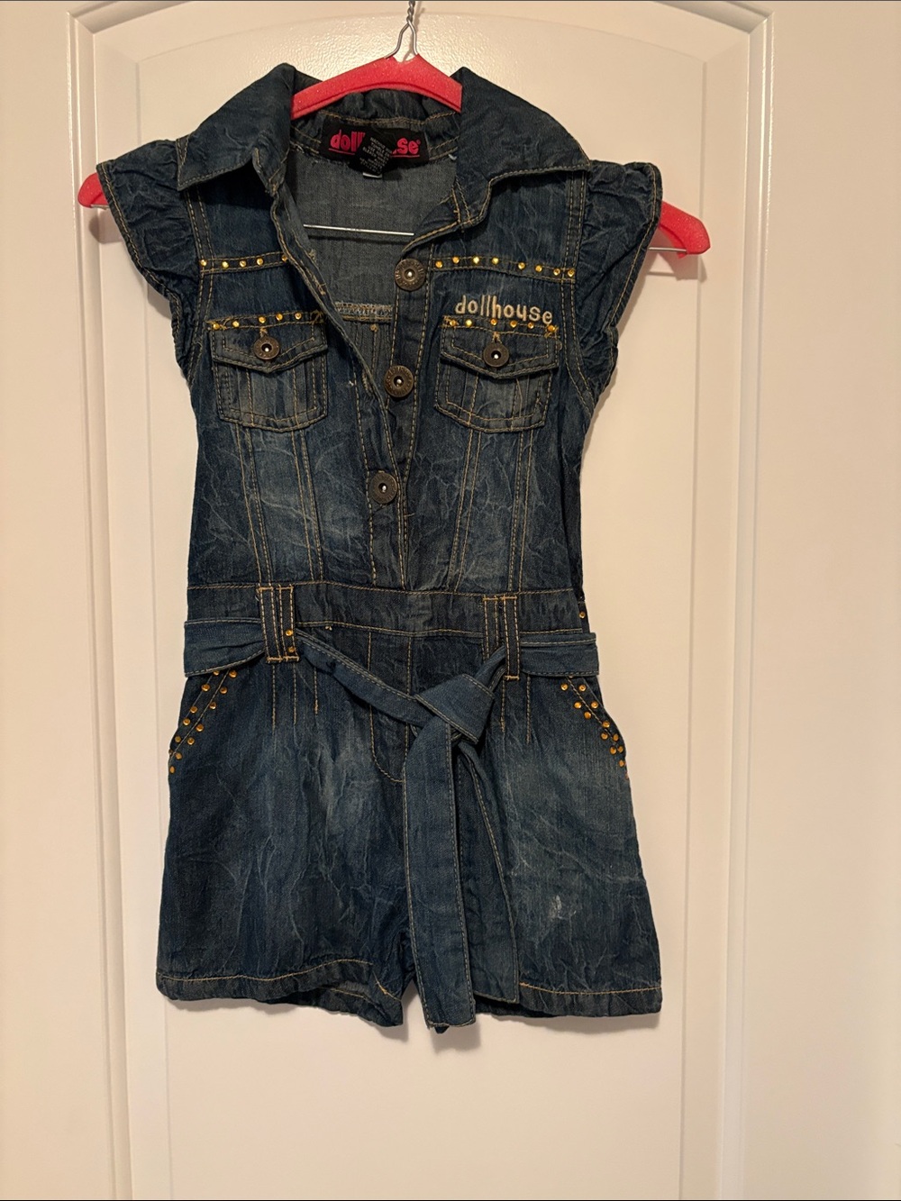 Dollhouse Blue Denim Romper with Gold Stud Accents